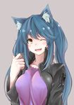  ;d absurdres albireo_(yumekui_merry) animal_ears blue_hair blush cat_ears cototiworld fang grey_background highres long_hair one_eye_closed open_mouth simple_background slit_pupils smile solo twintails yellow_eyes yumekui_merry 