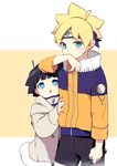  1girl blonde_hair blue_eyes blue_hair boruto:_naruto_the_movie brother_and_sister cosplay face_mask family forehead_protector hyuuga_hinata hyuuga_hinata_(cosplay) mask naruto naruto_(series) nipye short_hair siblings uzumaki_boruto uzumaki_himawari uzumaki_naruto uzumaki_naruto_(cosplay) weapon 