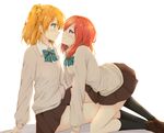  :o all_fours bad_id bad_pixiv_id black_legwear blue_eyes blush brown_skirt cardigan eye_contact imminent_kiss kneehighs kousaka_honoka looking_at_another love_live! love_live!_school_idol_project multiple_girls nishikino_maki one_side_up orange_hair parted_lips purple_eyes red_hair school_uniform shiina_kuro short_hair simple_background sitting skirt white_background yuri 