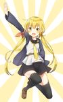  :d black_legwear black_skirt blonde_hair commentary_request crescent highres kantai_collection long_hair long_sleeves motohara_moka navel necktie open_mouth pleated_skirt remodel_(kantai_collection) satsuki_(kantai_collection) school_uniform serafuku skirt smile solo twintails yellow_eyes 