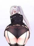  ass ass_focus black_legwear black_panties closers embarrassed from_behind garter_belt leaning_forward levia_(closers) long_hair looking_at_viewer maid_headdress panties pointy_ears purple_eyes shaojiang silver_hair simple_background solo thighhighs thighs underwear 