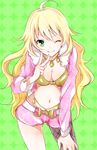  &gt;:) ;) ahoge antenna_hair blonde_hair breasts cleavage green_eyes hoshii_miki idolmaster idolmaster_(classic) long_hair medium_breasts one_eye_closed pantyhose pink_diamond_765 smile solo v-shaped_eyebrows yoma 