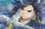  artist_name bravely_default:_flying_fairy bravely_default_(series) bravely_second:_end_layer brown_hair green_eyes janne_angard left-handed long_hair male_focus mirei_kh13 solo sword weapon 