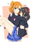  &gt;:) 2girls arms_around_neck bad_id bad_pixiv_id black_hair blazer blue_eyes carrying heart jacket kousaka_honoka love_live! love_live!_school_idol_project multiple_girls one_side_up orange_hair otonokizaka_school_uniform princess_carry school_uniform shiina_kuro skirt smile surprised twintails v-shaped_eyebrows yazawa_nico yuri 