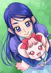  blue_eyes blue_hair blue_shirt bow chocokin creature dated eyebrows grass long_hair milk_(yes!_precure_5) minazuki_karen precure red_bow shirt signature smile thick_eyebrows yes!_precure_5 