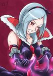 albino armlet black_gloves bracelet chocokin clenched_teeth cowboy_shot dated eas elbow_gloves fresh_precure! gloves grey_hair hairband higashi_setsuna jewelry one_eye_closed popped_collar precure red_background red_eyes short_hair signature solo teeth 
