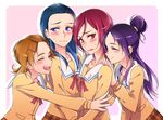  blue_eyes blue_hair blush brown_hair closed_eyes cowboy_shot embarrassed futari_wa_precure_splash_star girl_sandwich hair_bun hug hyuuga_saki kiryuu_kaoru kiryuu_michiru long_hair mishou_mai multiple_girls negom pink_background precure purple_hair red_eyes red_hair sandwiched school_uniform short_hair smile very_short_hair wavy_mouth yuri yuunagi_middle_school_uniform 