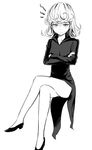  convenient_leg crossed_arms crossed_legs full_body greyscale looking_at_viewer monochrome one-punch_man short_hair simple_background sitting solo tatsumaki white_background zaxwu 
