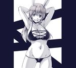  animal_ears armpits arms_behind_head ass_visible_through_thighs bikini breasts bunny_ears charlotte_e_yeager cleavage grin groin large_breasts liar_lawyer long_hair looking_at_viewer midriff monochrome navel smile solo strike_witches swimsuit world_witches_series 