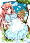  alice_in_wonderland animal_ears apron basket blue_dress blue_sky blush card cat_ears catstudioinc_(punepuni) cloud day dress hitachi_magic_wand long_hair original puffy_short_sleeves puffy_sleeves puni_(miku_plus) red_eyes red_hair short_sleeves sky solo striped striped_legwear thighhighs tree very_long_hair waist_apron wrist_cuffs 