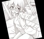  :3 blush breasts glasses liar_lawyer looking_at_viewer monochrome naked_shirt navel open_mouth reaching_out self_shot shirt short_hair sitting small_breasts solo strike_witches ursula_hartmann world_witches_series 