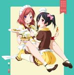  2girls :q black_hair cake chef_hat coco's earrings feeding food food_in_mouth hat holding_pizza jewelry love_live! love_live!_school_idol_project maid_headdress mouth_hold multiple_girls nishikino_maki pizza plate purple_eyes red_eyes red_hair sitting skirt socks thighhighs tongue tongue_out toque_blanche twintails waitress yazawa_nico yuri zettai_ryouiki 