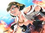  black_hair blue_eyes breasts burnt_clothes clenched_teeth fire glasses hairband japanese_clothes kantai_collection kirishima_(kantai_collection) liar_lawyer machinery medium_breasts nontraditional_miko open_clothes open_shirt shirt short_hair solo sparks teeth turret wide_sleeves 