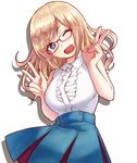  ;d blonde_hair blue_eyes blush breasts center_frills double_v glasses heart heart-shaped_pupils large_breasts liar_lawyer long_hair looking_at_viewer one_eye_closed open_mouth original red-framed_eyewear shirt sleeveless sleeveless_shirt smile solo symbol-shaped_pupils v 