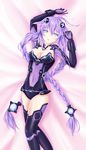  absurdres bangs bed blue_eyes blush braid breasts cleavage cleavage_cutout gloves hair_ornament highres leotard long_hair looking_at_viewer lying medium_breasts muwa12 neptune_(series) on_back purple_hair purple_heart solo symbol-shaped_pupils thighhighs twin_braids very_long_hair 