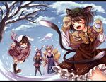  adapted_costume animal_ears bell black_legwear blue_sky boots bow brown_eyes brown_gloves brown_hair bunny_ears capelet carrot cat_ears cat_tail chen clenched_teeth cloud day dress fang fox_tail gloves grin hands_in_opposite_sleeves hat inaba_tewi jacket jewelry long_sleeves multiple_girls multiple_tails namuko necklace nekomata o_o one_eye_closed open_mouth outdoors pantyhose pendant pillow_hat pink_dress purple_eyes red_dress red_eyes reisen_udongein_inaba scarf shirt single_earring skirt sky smile snow snowball snowball_fight tabard tail tassel teeth touhou tree two_tails white_dress wide_sleeves yakumo_ran 
