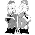  arms_behind_back breasts cleavage greyscale hat large_breasts monochrome multiple_girls short_hair simple_background smile white_background zaxwu 
