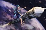  barefoot blue_dress blue_eyes blue_hair bow chen_feng_si cirno collared_shirt dress earth hair_bow ice ice_wings legs orbit planet pointing ribbon riding rocket shirt short_hair sitting solo space star_(sky) toes touhou white_shirt wings 