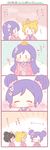  0_0 3girls 4koma ^_^ alternate_hairstyle ayase_eli black_hair blonde_hair blush braid closed_eyes comic crown double_bun flower hair_down hair_flower hair_ornament hair_up hina_ningyou hinamatsuri japanese_clothes kimono long_hair love_live! love_live!_school_idol_project multiple_girls notice_lines purple_hair saishi saku_usako_(rabbit) toujou_nozomi translated yazawa_nico |_| 