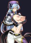  &gt;:( blue_hair blush breasts commentary_request demon_girl demon_horns demon_tail earrings frown gauntlets groin hat horns jewelry large_breasts long_hair looking_at_viewer melfis mob_cap navel nipples pointy_ears red_eyes shinrabanshou solo tail tsurime undressing upper_body v-shaped_eyebrows yanazuri_(kimossari337) 