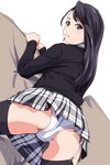  ass black_eyes black_hair blush eyebrows_visible_through_hair garter_straps highres long_hair looking_back matsunaga_kouyou original panties plaid plaid_skirt school_uniform sexually_suggestive skirt solo thighhighs underwear 