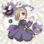  @_@ blonde_hair blush cosplay dress drifloon dusk_ball gastly gen_1_pokemon gen_4_pokemon hair_over_one_eye hairband hex_maniac_(pokemon) hex_maniac_(pokemon)_(cosplay) idolmaster idolmaster_cinderella_girls open_mouth poke_ball pokemon pokemon_(creature) purple_hairband shirasaka_koume sore_(whirlwind) 