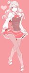  ascot bangs bare_shoulders blouse boots breasts bustier corset curtsey frilled_skirt frills full_body hat heart kantai_collection knee_boots large_breasts long_hair long_sleeves looking_at_viewer mini_hat miniskirt muted_color nagomi_(mokatitk) pantyhose pink pink_background pink_eyes shoulder_cutout skirt skirt_hold smile solo wavy_hair zara_(kantai_collection) 