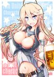  1girl ahoge alcohol beer beer_mug belt blonde_hair blue_eyes blush breasts cleavage cup elbow_gloves english fingerless_gloves food gloves hair_between_eyes highres holding holding_cup holding_pizza iowa_(kantai_collection) kantai_collection large_breasts long_hair looking_at_viewer miniskirt navel no_hat no_headwear open_mouth pizza skirt smile solo standing star star-shaped_pupils symbol-shaped_pupils zangaku 