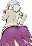 ass braid brown_jacket dress embarrassed french_braid hand_on_hip hand_on_own_face jacket kagehito kishin_sagume long_sleeves looking_at_viewer looking_back looking_down no_wings open_mouth purple_dress red_eyes short_dress short_hair silver_hair simple_background skirt solo thighs touhou white_background 
