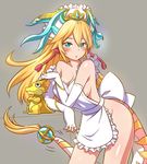 apron blonde_hair blush breasts fantasy gold_trim green_eyes large_breasts long_hair looking_at_viewer naked_apron puzzle_&amp;_dragons sakuya_(p&amp;d) simple_background solo tail yellow zaxwu 