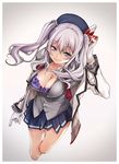  blue_skirt bra breasts cleavage gloves grey_background grey_eyes hat highres kantai_collection kashima_(kantai_collection) kubu_kurin large_breasts long_hair purple_bra silver_hair skirt smile solo twintails underwear white_gloves 