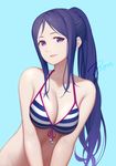  alternate_costume artist_name bangs bikini blue_background bon_nob breasts cleavage eyelashes halterneck large_breasts lipstick long_hair looking_at_viewer love_live! love_live!_sunshine!! makeup matsuura_kanan pink_lipstick pom_pom_(clothes) ponytail purple_eyes purple_hair signature simple_background solo stomach striped striped_bikini swept_bangs swimsuit upper_body v_arms 