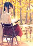  absurdres bare_arms black_eyes black_hair book building chair cup day drink fence highres holding long_hair looking_at_viewer looking_back original outdoors pen reflection shirt shoes sitting skirt sleeveless sleeveless_shirt solo teacup tree ukai_saki water 