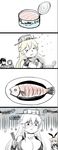  4koma :p akizuki_(kantai_collection) black_hair blonde_hair braid breasts brown_hair can canned_food chopsticks cleavage comic elbow_gloves fish fish_bone fork gloom_(expression) gloves hairband highres holding iowa_(kantai_collection) kantai_collection large_breasts long_hair machinery medium_breasts multiple_girls navel partially_colored ponytail school_uniform serafuku shimakaze_(kantai_collection) silent_comic teruzuki_(kantai_collection) tongue tongue_out translated tuna turret twin_braids x) y.ssanoha 