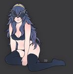  absurdres antiheld black_bra black_legwear black_panties blue_hair bra covered_eyes fire_emblem fire_emblem:_kakusei full_body grey_background hairband highres lips long_hair lucina mask navel nintendo panties parted_lips sitting solo thighhighs underwear underwear_only yokozuwari 