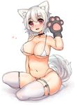  animal_ears bad_id bad_pixiv_id bikini breasts choker fang gloves highres inubashiri_momiji large_breasts looking_at_viewer micro_bikini navel open_mouth paw_gloves paws red_eyes sawatari_(sado) silver_hair sitting smile solo swimsuit tail thighhighs touhou underboob white_bikini white_legwear wolf_ears wolf_tail 