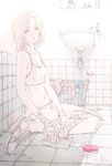  bandages bandaid bathroom blonde_hair boyshorts breasts camisole cleavage detergent fight_club green_eyes highres laundry laundry_basket leaning midriff navel original scar shoes short_hair sideboob sink sitting small_breasts sneakers soap solo stitches teyuruun tile_floor tiles towel underwear underwear_only wariza wet wet_hair 