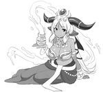  animal_ears breasts greyscale hathor_(p&amp;d) horns large_breasts long_hair monochrome puzzle_&amp;_dragons simple_background smile solo white_background zaxwu 