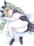  1girl anchovy ass black_cape black_shoes black_skirt blush cape dress_shirt drill_hair eyes_closed girls_und_panzer green_hair hair_ribbon long_hair long_sleeves lying mabuchoco_m on_side open_mouth pantyhose parted_lips pleated_skirt ribbon school_uniform shirt shoes skirt skirt_lift sleeping solo twin_drills twintails uniform upskirt white_legwear white_shirt 