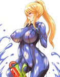  blonde_hair blush bodypaint breasts commentary_request huge_nipples konno_tohiro large_breasts long_hair looking_at_viewer metroid naked_paint nipples nude paint_splatter painted_clothes ponytail purple_eyes pussy samus_aran solo splatoon_(series) splatoon_1 super_soaker zero_suit 