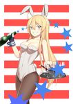  alcohol animal_ears bare_shoulders blonde_hair blue_eyes blush bottle breasts bunny_ears bunny_girl bunny_tail bunnysuit cleavage commentary_request cup drinking_glass fake_animal_ears fishnet_pantyhose fishnets glass gloves iowa_(kantai_collection) kantai_collection leotard long_hair looking_at_viewer medium_breasts pantyhose putchers smile solo star star-shaped_pupils symbol-shaped_pupils tail tray wine wine_glass wrist_cuffs 