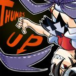  arm_across_waist black_background black_hair directional_arrow dress english kagehito kijin_seija looking_at_viewer multicolored_hair red_eyes red_hair sharp_teeth short_sleeves simple_background solo streaked_hair teeth thumbs_up touhou upside-down white_dress white_hair wristband 