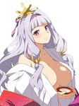  areola_slip areolae bangs blunt_bangs blush breasts cleavage closed_mouth cup hair_intakes hairband head_tilt hinamatsuri idolmaster idolmaster_(classic) inue_shinsuke large_breasts lavender_hair long_hair looking_at_viewer off_shoulder open_clothes purple_eyes saishi sakazuki shijou_takane simple_background solo upper_body white_background 