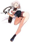  :o bent_over blue_eyes blush breasts brown_leotard commentary_request cropped_jacket cross gloves large_breasts leotard long_hair looking_at_viewer prima_hononoman rance_(series) rance_quest rance_vi silver_hair solo whip white_background white_gloves yanazuri_(kimossari337) 