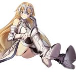  armor armored_dress blonde_hair blue_eyes breasts capelet cleavage fate/apocrypha fate/grand_order fate_(series) gauntlets headpiece jeanne_d'arc_(fate) jeanne_d'arc_(fate)_(all) long_hair looking_at_viewer medium_breasts rain_(nadroj31) simple_background sitting smile solo thighhighs very_long_hair weapon white_background 