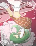  bad_id bad_pixiv_id blurry bobby_socks depth_of_field ellipsis_(mitei) falling green_eyes green_hair highres holding kazami_yuuka kazami_yuuka_(pc-98) long_hair no_nose no_shoes pants plaid plaid_pants socks solo touhou touhou_(pc-98) umbrella white_legwear 