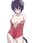  animal_ears arms_behind_back black_eyes black_hair blush breasts dog_ears dog_tail embarrassed large_breasts liar_lawyer luciana_mazzei off_shoulder panties partially_undressed red_panties short_hair solo strike_witches tail underwear world_witches_series 
