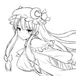  blush breasts crescent crescent_hair_ornament dress greyscale hair_ornament hat large_breasts long_hair mob_cap monochrome patchouli_knowledge simple_background solo_focus striped striped_dress touhou white_background zaxwu 