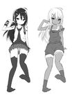  absurdres character_request feet full_body greyscale highres long_hair monochrome multiple_girls multiple_views overalls panties pantyshot simple_background skirt smile strap_slip tan tanline underwear white_background zaxwu 