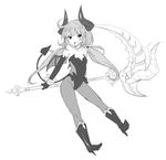  boots demon_horns demon_tail greyscale high_heel_boots high_heels horn horns long_hair looking_at_viewer monochrome pantyhose scythe simple_background sketch smile solo tail white_background wings zaxwu 